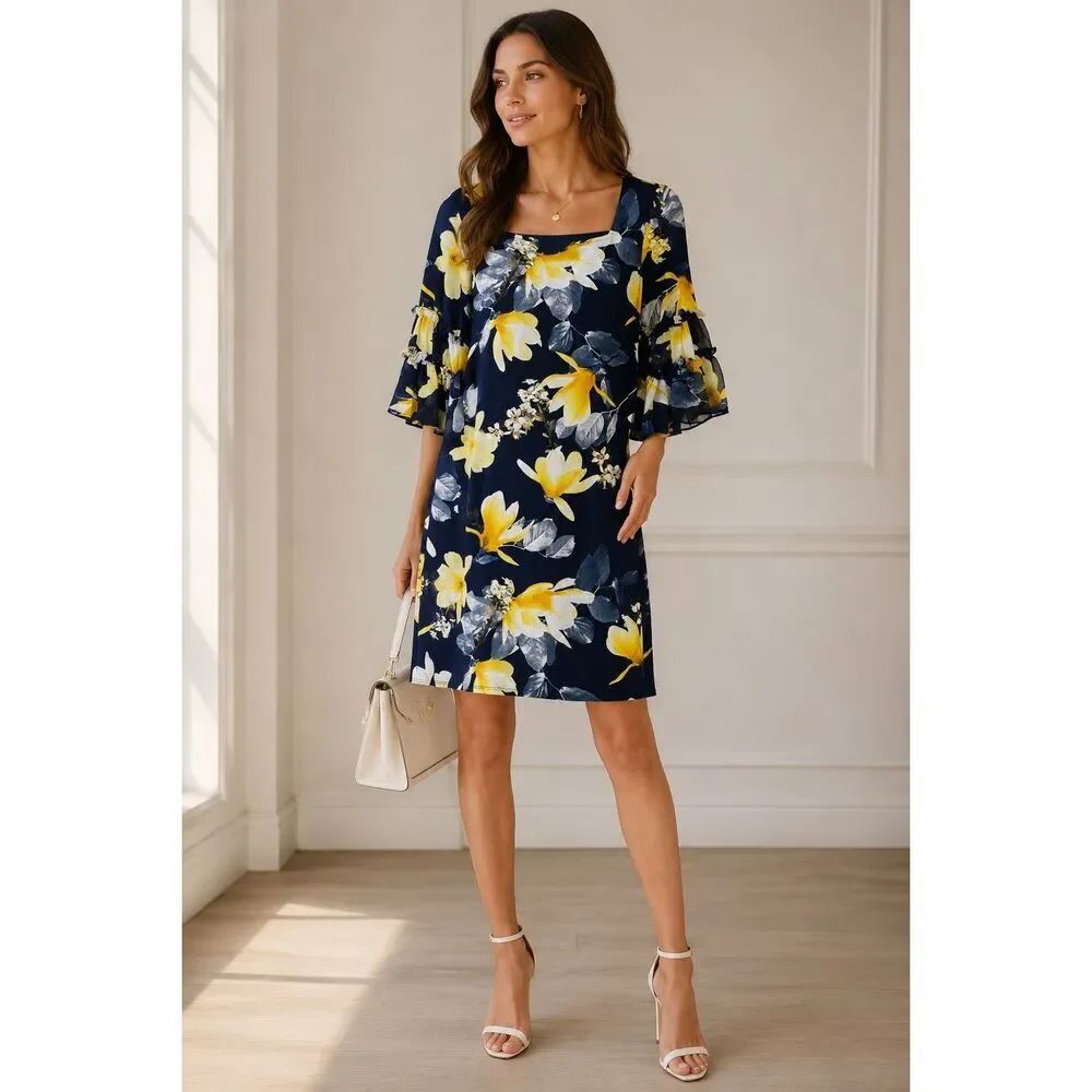 Glamour Floral Dress Size 8 Navy Yellow Flower Print Bell Sleeve Career Office